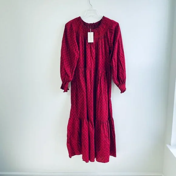 Universal Thread Womens M Red Tiered Dress Balloon Long Sleeve Smocked Neck Maxi - Picture 4 of 10